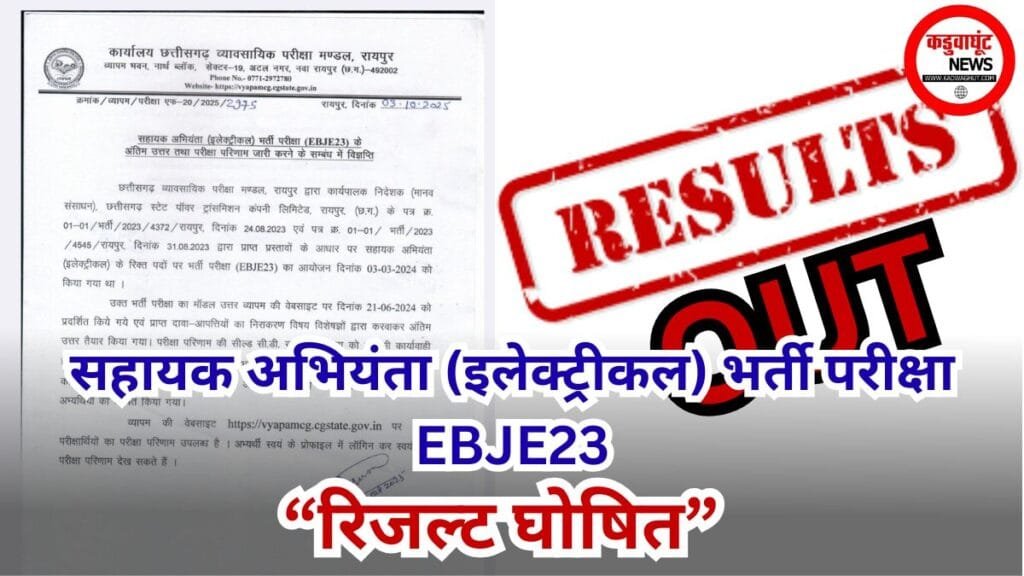 CG : Vyapam सहायक अभियंता (इलेक्ट्रीकल) भर्ती परीक्षा EBJE23 का रिजल्ट घोषित