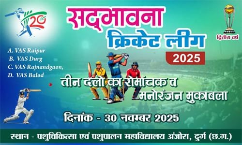राजनांदगांव : सद्भावना क्रिकेट लीग 30 नवंबर को, चार जिलों की टीमें होंगी आमने-सामने