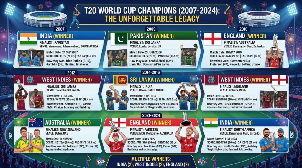 T20 World Cup 2007–2026: अब तक के सभी चैंपियंस की पूरी लिस्ट किस टीम ने कब, कहाँ और कैसे जीता खिताब, Full Details