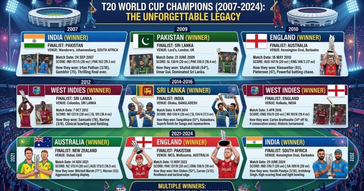 T20 World Cup 2007–2026: अब तक के सभी चैंपियंस की पूरी लिस्ट किस टीम ने कब, कहाँ और कैसे जीता खिताब, Full Details